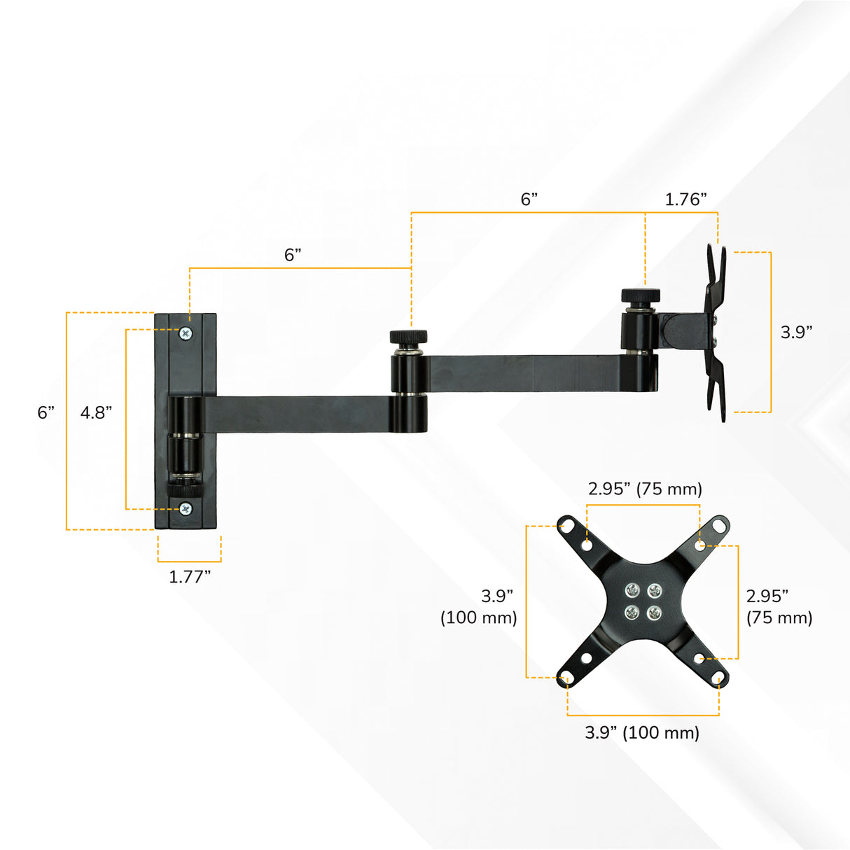 Mount-It! Full Motion Display Wall Mount in black, showing arm lengths, VESA plate dimensions, and hole spacing on a white background with yellow dashed lines highlighting key measurements.