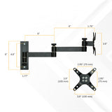 Mount-It! Full Motion Display Wall Mount in black, showing arm lengths, VESA plate dimensions, and hole spacing on a white background with yellow dashed lines highlighting key measurements.