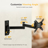 The Mount-It! Full Motion Display Wall Mount features adjustable arms, dual +/-90° swivel points, and +/-90° rotation at the base for flexible viewing. Text highlights swivel functions and VESA mounting limits based on TV size.