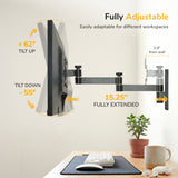 The Mount-It! Full Motion Display Wall Mount holds your screen on a fully adjustable arm above a desk, offering +62°/-55° tilt, 15.25" extension, and sits just 2.9" from the wall with VESA mount compatibility.