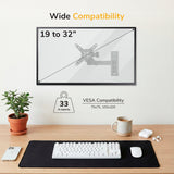 The Mount-It! Full Motion Display Wall Mount supports 19–32” monitors up to 33 lbs with VESA 75x75 or 100x100 compatibility, shown holding a transparent monitor above an organized desk with keyboard, mouse, notepad, plant, and cup.