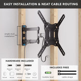The Mount-It! Full Motion TV Wall Mount installs on a single stud with tilt adjustment, includes a bubble level, cable straps for tidy cable management, and comes with all necessary hardware. Cable routing is displayed for easy installation.