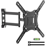 The Mount-It! Full Motion TV Wall Mount in black features an articulating arm with tilt adjustment. Shown on a white background, it includes a small bubble level and two black cable ties.