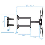 Diagram of the Mount-It! Full Motion TV Wall Mount: height 8.9", min extension 2.16", max extension 15.64", arm segments 7.72" & 5.79", wall plate width 2.6", tilt adjustment 1.4°–0.73°, with VESA compatibility shown.