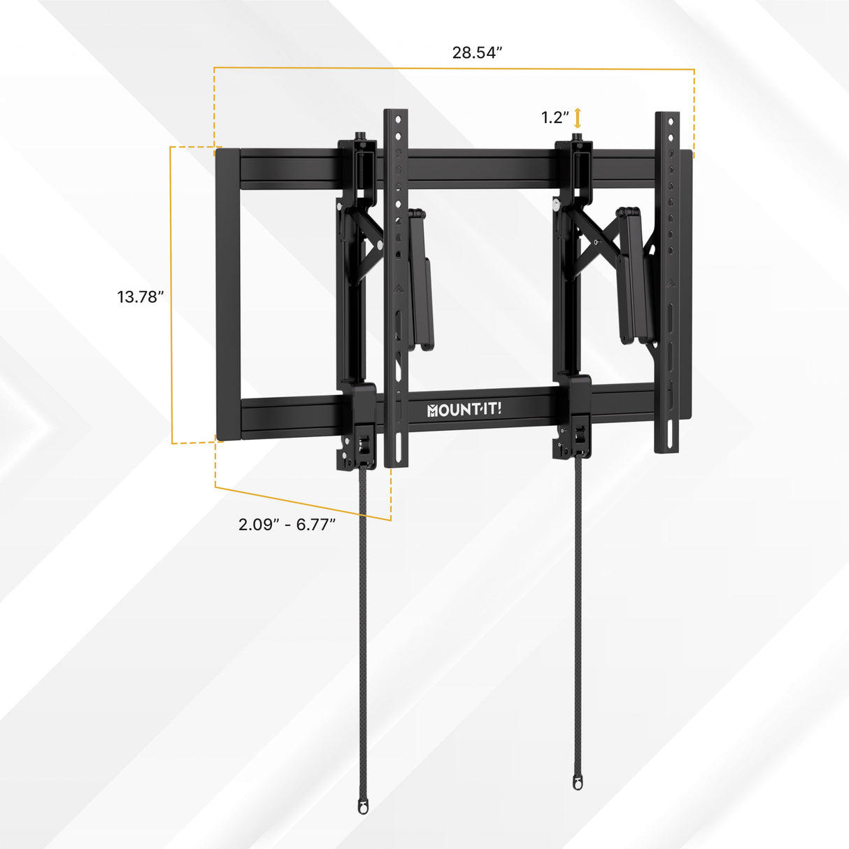 Mount-It! Heavy-Duty Advanced Tilt TV Wall Mount in black steel, 28.54" wide, 13.78" high, adjustable depth 2.09–6.77", tilt gap 1.2". Features two pull cords hanging from the bottom.