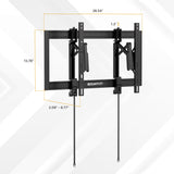 Mount-It! Heavy-Duty Advanced Tilt TV Wall Mount in black steel, 28.54" wide, 13.78" high, adjustable depth 2.09–6.77", tilt gap 1.2". Features two pull cords hanging from the bottom.