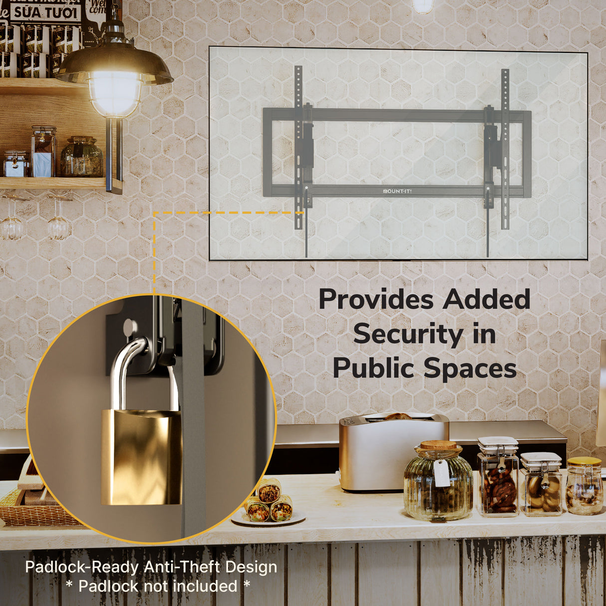 A kitchen wall displays the Mount-It! Heavy-Duty XL Advanced Tilt TV Wall Mount, with text "Provides Added Security in Public Spaces" and a close-up of its bracket with a gold padlock (padlock not included). Built-in cable management ensures tidiness.