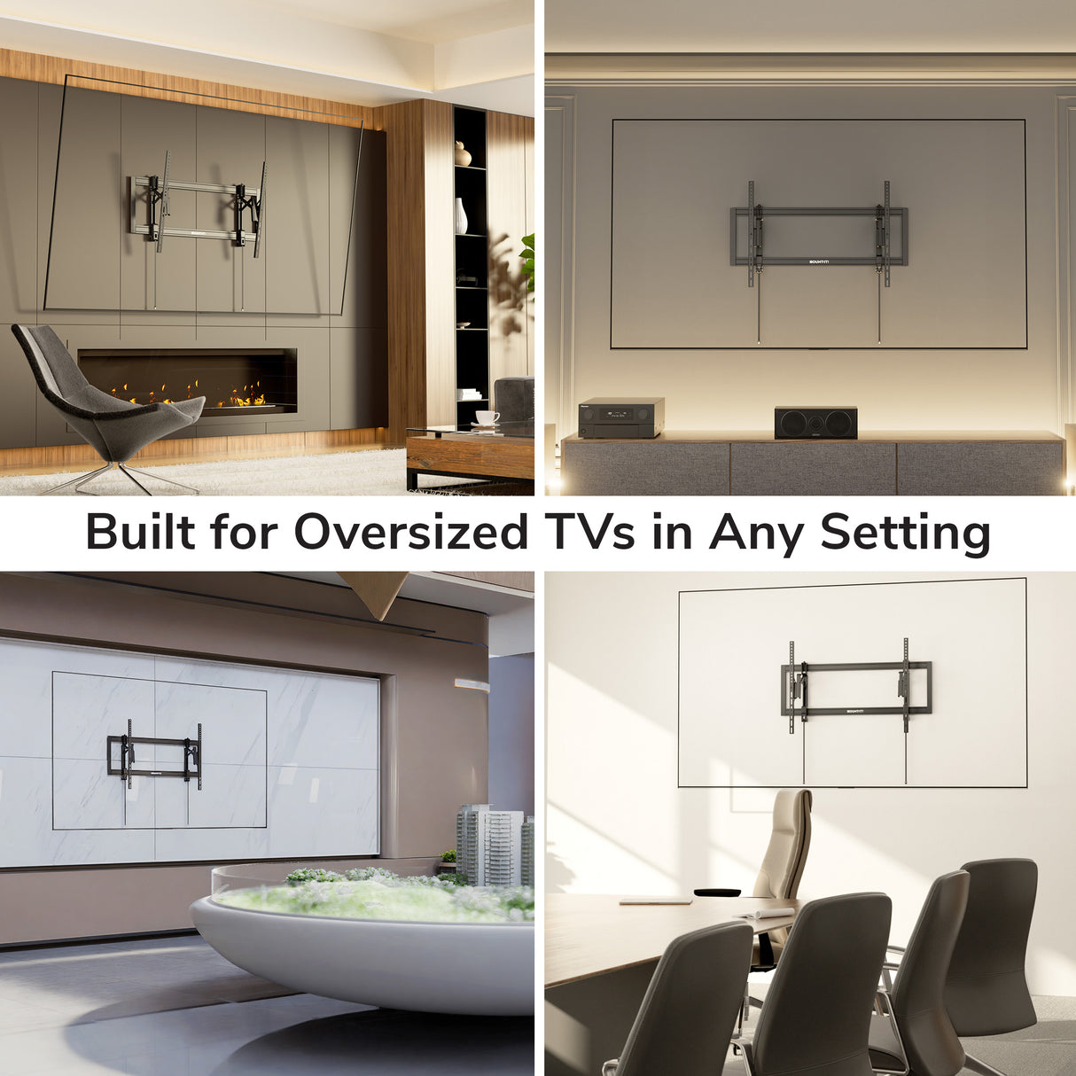 A collage of four modern interiors, each with a large TV mounted using the Mount-It! Heavy-Duty XL Advanced Tilt TV Wall Mount. “Built for Oversized TVs in Any Setting” is displayed across the center.