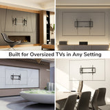 A collage of four modern interiors, each with a large TV mounted using the Mount-It! Heavy-Duty XL Advanced Tilt TV Wall Mount. “Built for Oversized TVs in Any Setting” is displayed across the center.