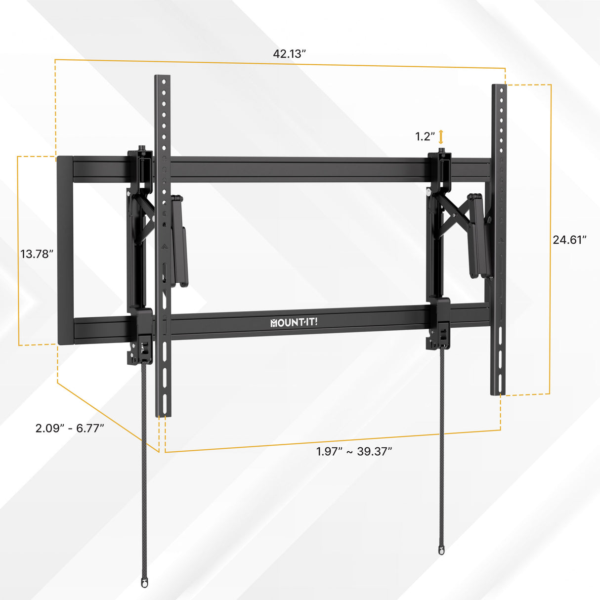 Mount-It! Heavy-Duty XL Advanced Tilt TV Wall Mount, black, with labeled dimensions: 42.13" W x 24.61" H, extends 2.09–6.77", fits TVs 19.7–39.37" wide, includes cable management; shown on white background with diagonal lines.