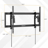 Mount-It! Heavy-Duty XL Advanced Tilt TV Wall Mount, black, with labeled dimensions: 42.13" W x 24.61" H, extends 2.09–6.77", fits TVs 19.7–39.37" wide, includes cable management; shown on white background with diagonal lines.
