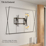The Mount-It! Heavy-Duty XL Advanced Tilt TV Wall Mount extends and tilts, offering a 15° downward and 10° upward tilt for greater flexibility compared to standard mounts. Text reads "Tilt & Extend," highlighting its advanced tilt range.