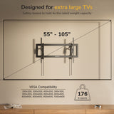 The Mount-It! Heavy-Duty XL Advanced Tilt TV Wall Mount fits 55-105" TVs up to 176 lbs, offers extended tilt, cable management, and supports multiple VESA sizes—perfect for your beige wall.