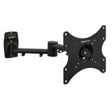 The Mount-It! Full Motion TV Wall Mount features a black, adjustable arm with a flat square VESA-compatible plate, multiple screw holes, and a built-in bubble level on the wall bracket.
