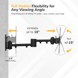 Diagram of the Mount-It! Full Motion TV Wall Mount with VESA compatibility, an 18-inch extending arm, ±15° tilt, and minimum 3.5-inch wall distance—offering flexible viewing angles for your TV.