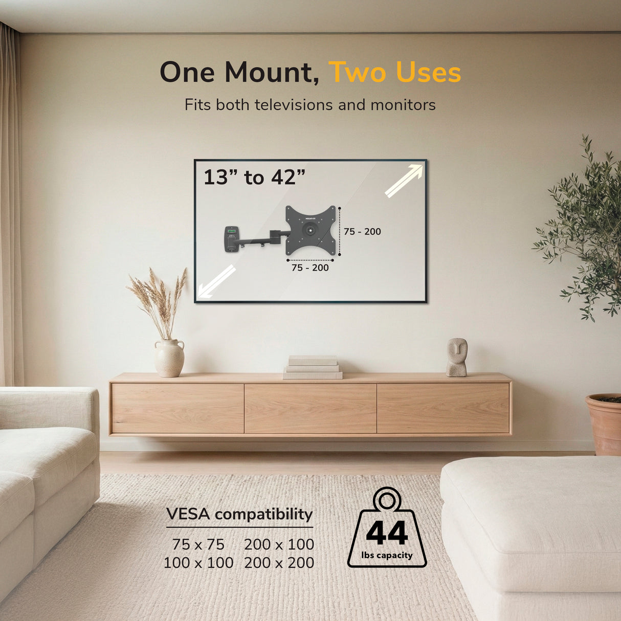 The Mount-It! Full Motion TV Wall Mount is shown above a wooden cabinet in a modern living room. Text highlights its swivel tilt design, fits 13"-42" screens, supports up to 44 lbs, and is VESA compatible.