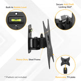 The Mount-It! Anti-Theft Full Motion TV Wall Mount features a built-in bubble level, anti-theft locking slot (padlock not included), heavy-duty steel frame, and removable TV plate. Close-up insets show each feature.