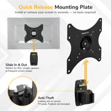 Diagram of Mount-It! Anti-Theft Full Motion TV Wall Mount in black shows installation steps, slide-in screen removal, and anti-theft slot. Text highlights convenience and security of this VESA-compatible mount.