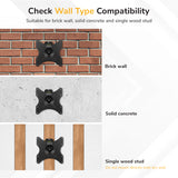 The Mount-It! Anti-Theft Full Motion TV Wall Mount is shown installed on brick, solid concrete, and a single wood stud. Compatible with these surfaces; do not mount directly onto drywall.