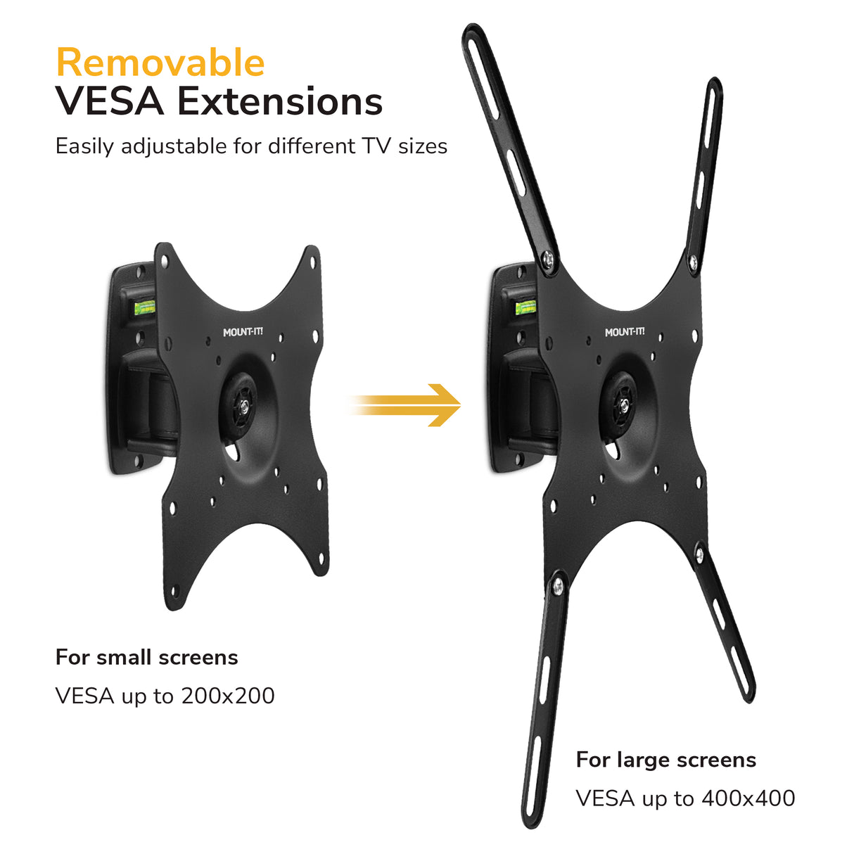 Two black Mount-It! Anti-Theft Full Motion TV Wall Mounts are shown: the left fits smaller screens (VESA up to 200x200), and the right supports larger screens (up to 400x400). An arrow highlights their adjustable, flexible mounting.