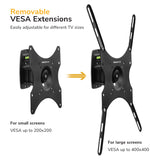 Two black Mount-It! Anti-Theft Full Motion TV Wall Mounts are shown: the left fits smaller screens (VESA up to 200x200), and the right supports larger screens (up to 400x400). An arrow highlights their adjustable, flexible mounting.