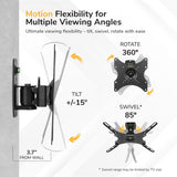 Diagram showing the Mount-It! Anti-Theft Full Motion TV Wall Mount featuring lockable design, 360° rotation, 85° swivel, ±15° tilt, and extends 3.7 inches from the wall for versatile motion flexibility.
