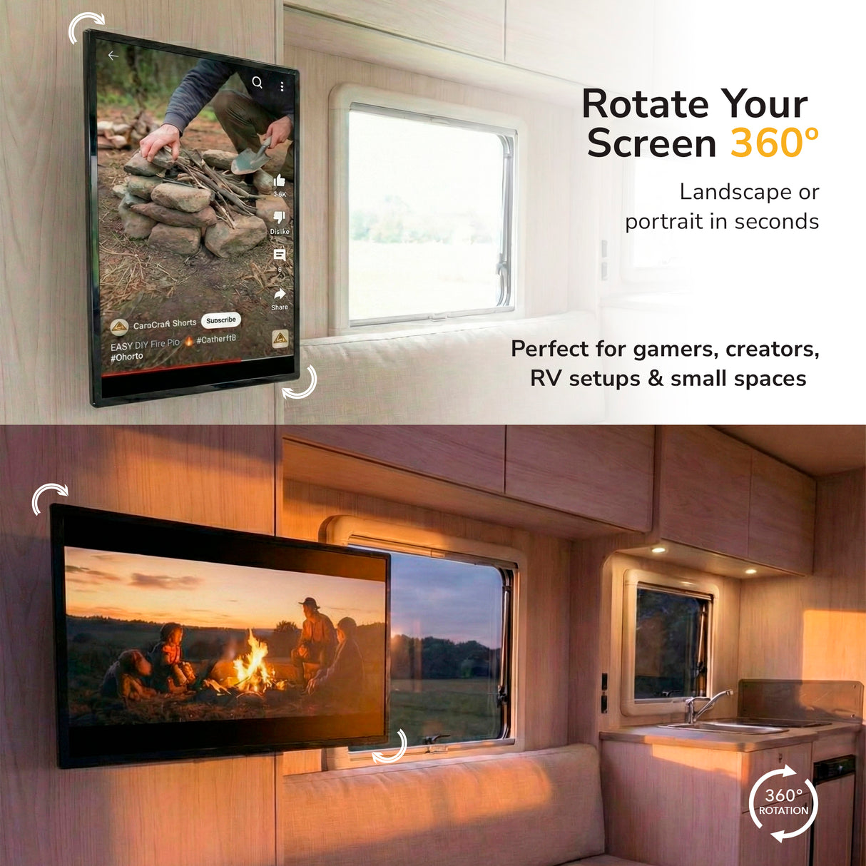 A TV in an RV is shown vertically and horizontally, displaying camping scenes. Text highlights Mount-It! Anti-Theft Full Motion TV Wall Mount's 360° rotation—perfect for small spaces, gamers, and creators.