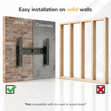 Mount-It! Pop-Out Video Wall Mount installation guide: shows bracket mounted on brick and concrete (green checks) and on wood studs (red X). Ensures precise screen alignment for brick or concrete—not compatible with drywall or wood studs.