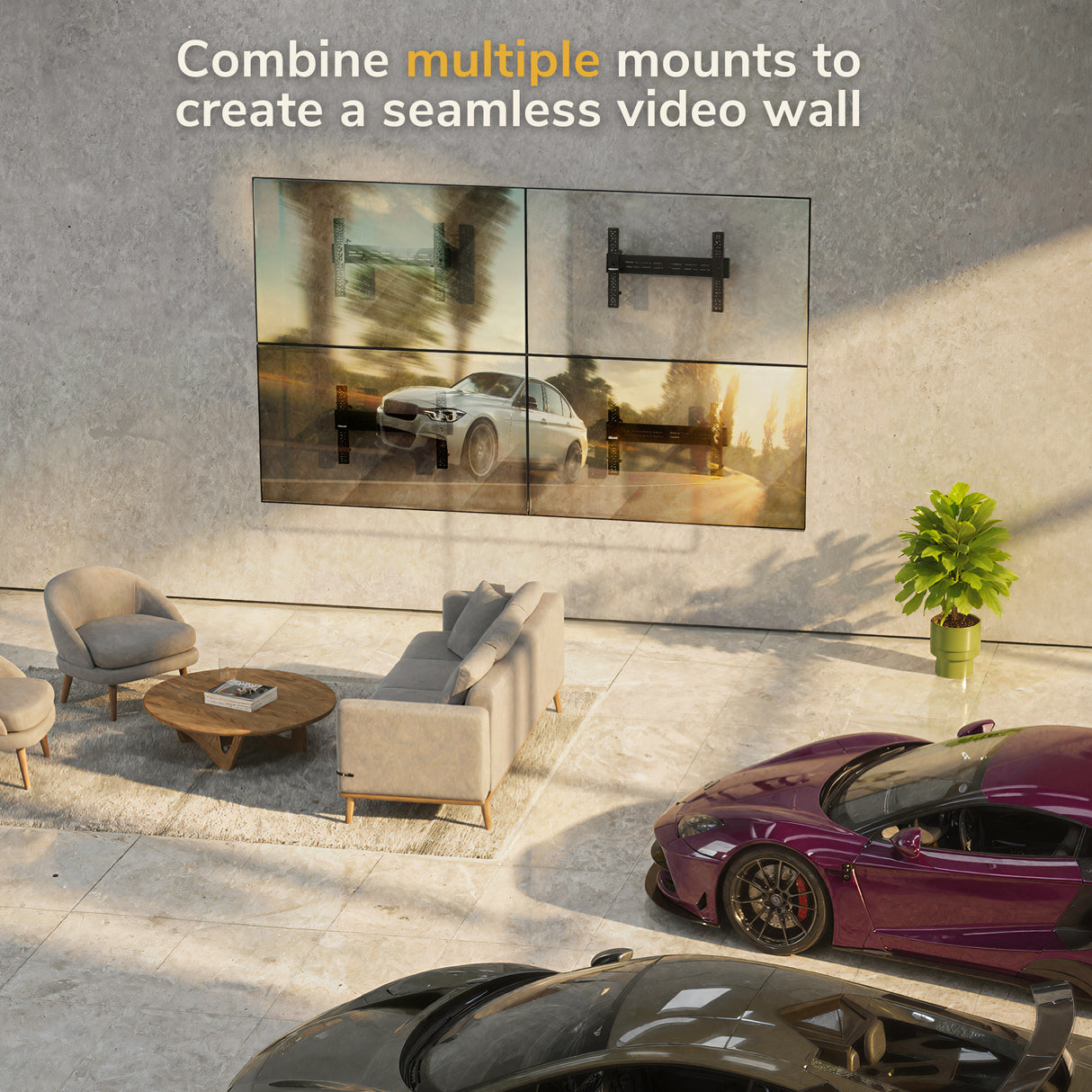 A modern living room features two luxury cars, a seating area, and a large split-image video wall. The text reads: Combine multiple Mount-It! Pop-Out Video Wall Mounts for heavy-duty support and a seamless display.