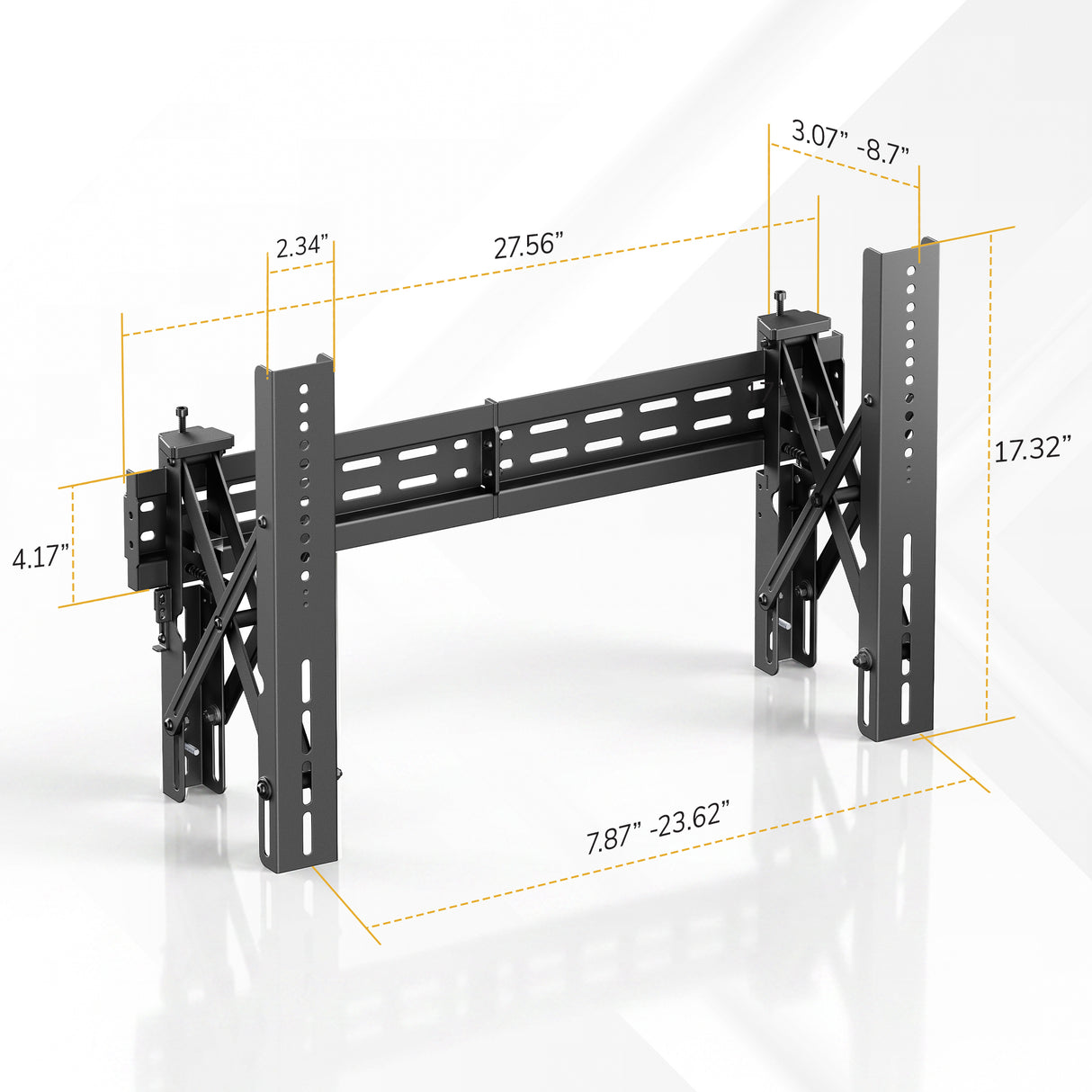The Mount-It! Pop-Out Video Wall Mount is a black scissor-style bracket with labeled dimensions: width 27.56", height 17.32", depth 3.07–8.7", vertical arm height 4.17", and horizontal adjustment range 7.87–23.62" for precise alignment.