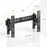 The Mount-It! Pop-Out Video Wall Mount is a black scissor-style bracket with labeled dimensions: width 27.56", height 17.32", depth 3.07–8.7", vertical arm height 4.17", and horizontal adjustment range 7.87–23.62" for precise alignment.