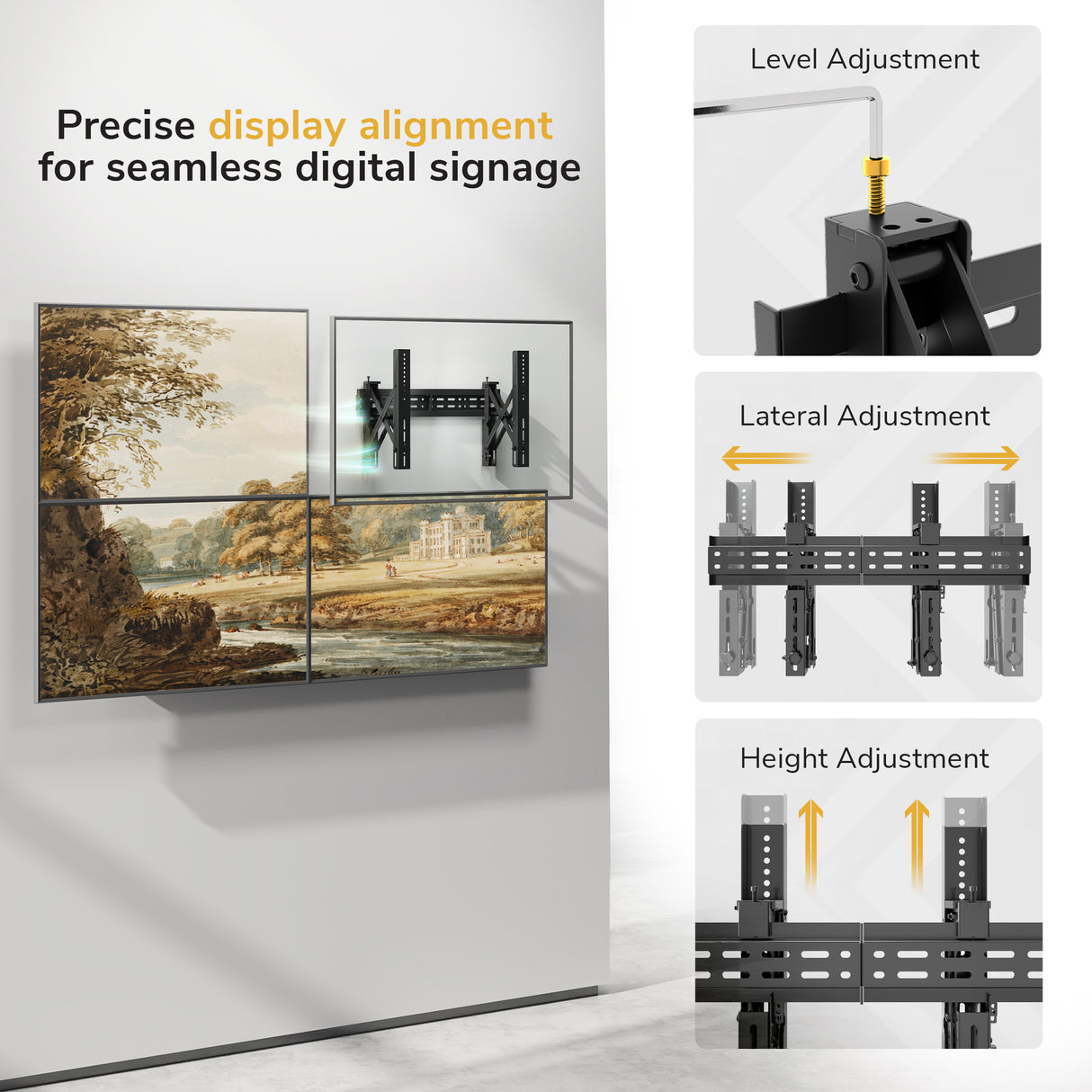 The Mount-It! Pop-Out Video Wall Mount displays four screens with a landscape painting. Insets on the right show scissor-style extension and height adjustment for precise screen alignment.