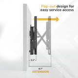 Side view of the Mount-It! Pop-Out Video Wall Mount extending 8.7" from the wall for easy service access, featuring labeled measurements and highlighted yellow extension. Text reads: Pop-out design for easy service access.
