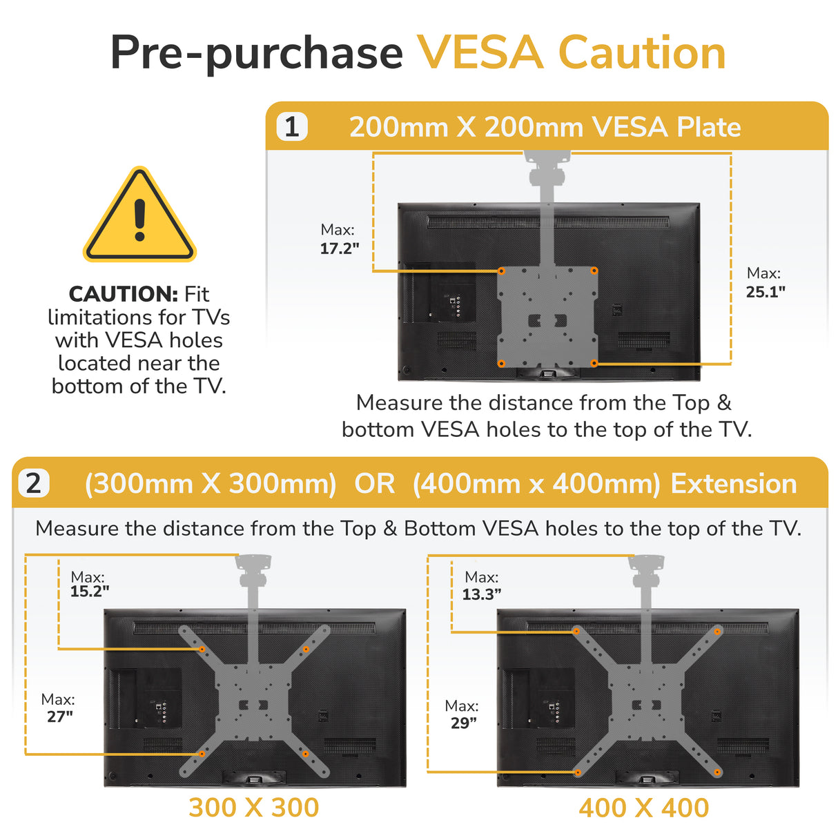 An infographic from Mount-It! explains how to check TV VESA compatibility—showing 200x200, 300x300, and 400x400 measurements with labeled diagrams plus a caution about VESA holes—ideal for selecting the Flip-Down Ceiling TV Mount.