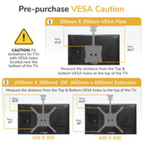 An infographic from Mount-It! explains how to check TV VESA compatibility—showing 200x200, 300x300, and 400x400 measurements with labeled diagrams plus a caution about VESA holes—ideal for selecting the Flip-Down Ceiling TV Mount.