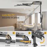 The Mount-It! Flip-Down Ceiling TV Mount saves space and features a step-by-step guide: 1. Locked position, 2. Pull to unlock, 3. Unfold the arm. Caption: Lock your TV securely in place over a modern living room background.