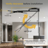 Diagram displays the Mount-It! Flip-Down Ceiling TV Mount with tilt adjustment from -80° to 0°, folding up to 3.5 inches. Ensure proper clearance before installation and allow space for the mount’s folding function.