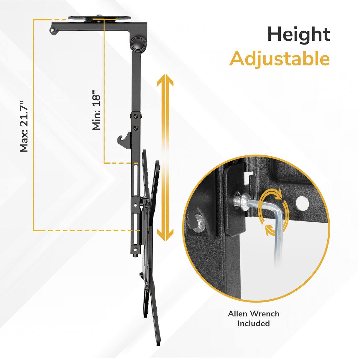 Side view of Mount-It! Flip-Down Ceiling TV Mount in black, height adjustable from 18 to 21.7 inches. Inset shows Allen wrench included for easy adjustment—perfect as a space-saving, adjustable ceiling TV mount.