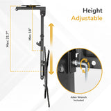 Side view of Mount-It! Flip-Down Ceiling TV Mount in black, height adjustable from 18 to 21.7 inches. Inset shows Allen wrench included for easy adjustment—perfect as a space-saving, adjustable ceiling TV mount.