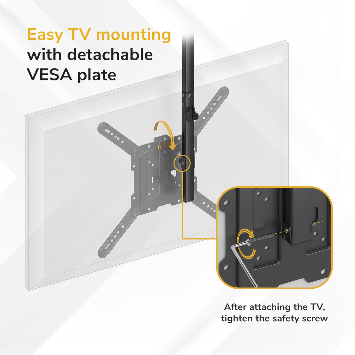 Instructional diagram shows a TV being mounted with a detachable VESA plate on the Mount-It! Flip-Down Ceiling TV Mount. An inset highlights tightening the safety screw after attaching the TV for secure installation. Text explains each step.