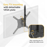 Instructional diagram shows a TV being mounted with a detachable VESA plate on the Mount-It! Flip-Down Ceiling TV Mount. An inset highlights tightening the safety screw after attaching the TV for secure installation. Text explains each step.
