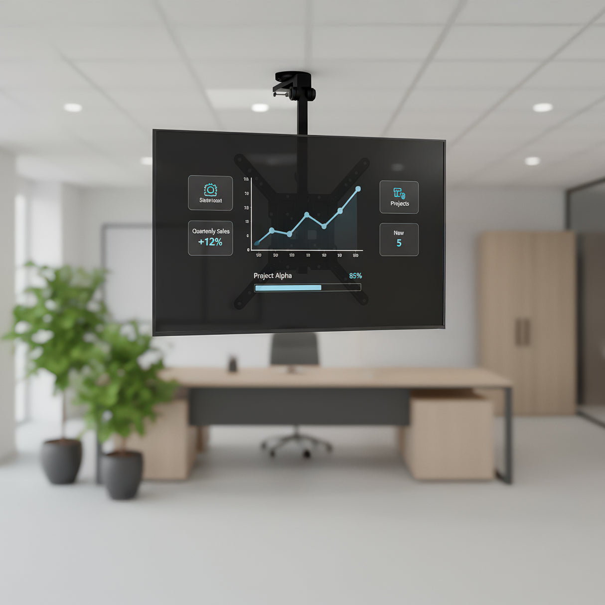 A Mount-It! Flip-Down Ceiling TV Mount secures a flat-screen monitor showing a sales growth chart in a modern office with a desk, chair, plant, and cabinets in the background.