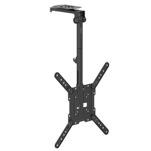 The Mount-It! Flip-Down Ceiling TV Mount in black features an extendable arm, universal bracket, and multiple screw holes to fit flat-screen TVs of various sizes. Its adjustable design saves space and ensures easy ceiling installation.