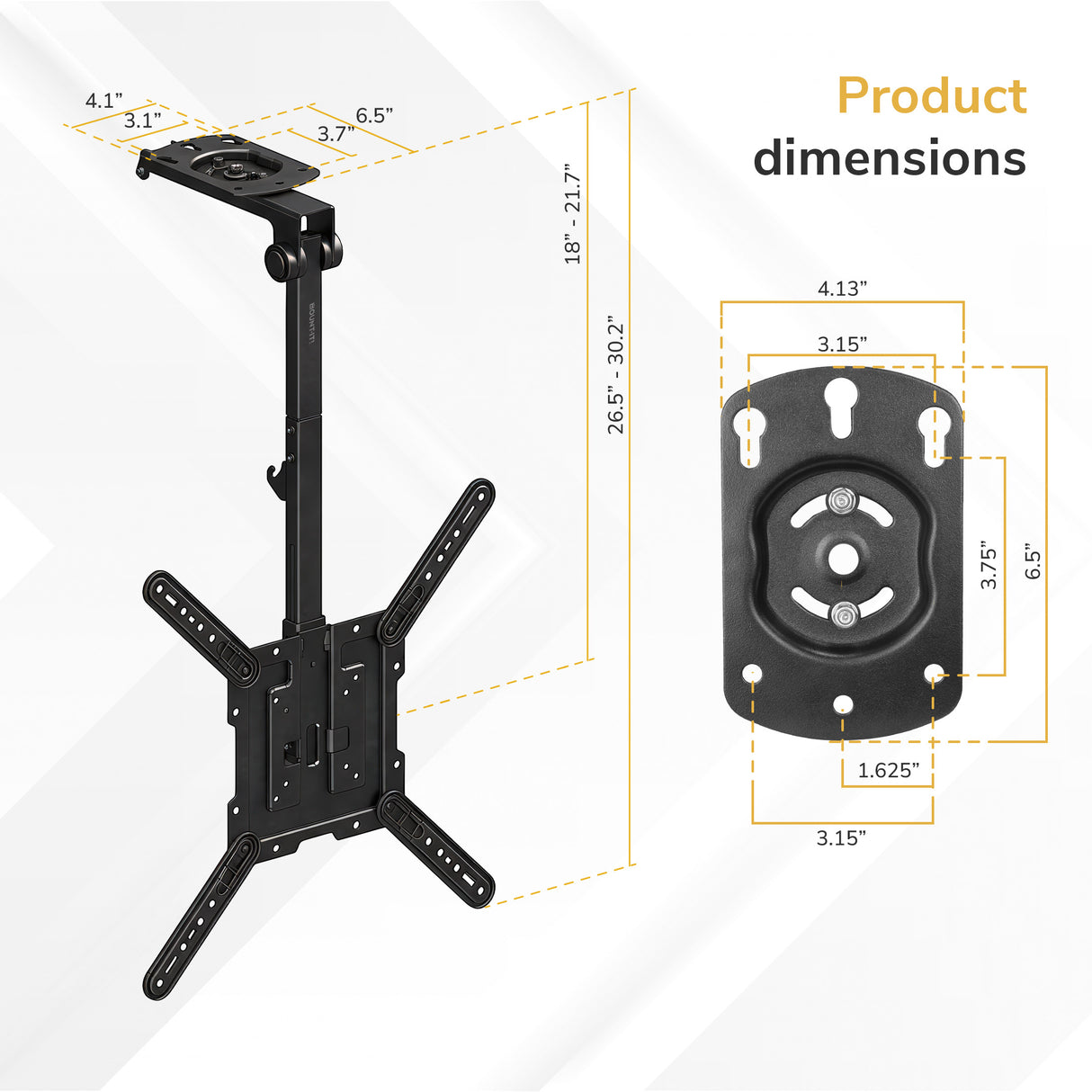 The Mount-It! Flip-Down Ceiling TV Mount offers adjustable arms, multiple screw holes, a 6.5x3.75" mounting plate, 18-21.37" pole length, and 26.5-30.2" arm span—ideal for a flexible, space-saving setup.