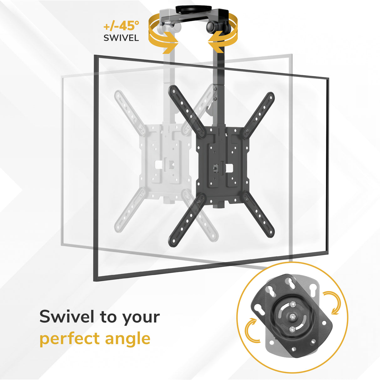 Illustration of the Mount-It! Flip-Down Ceiling TV Mount featuring a ±45° swivel range, highlighting its adjustable angle and space-saving design. Text: Swivel to your perfect angle with a close-up of the swivel mechanism.