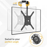 Illustration of the Mount-It! Flip-Down Ceiling TV Mount featuring a ±45° swivel range, highlighting its adjustable angle and space-saving design. Text: Swivel to your perfect angle with a close-up of the swivel mechanism.