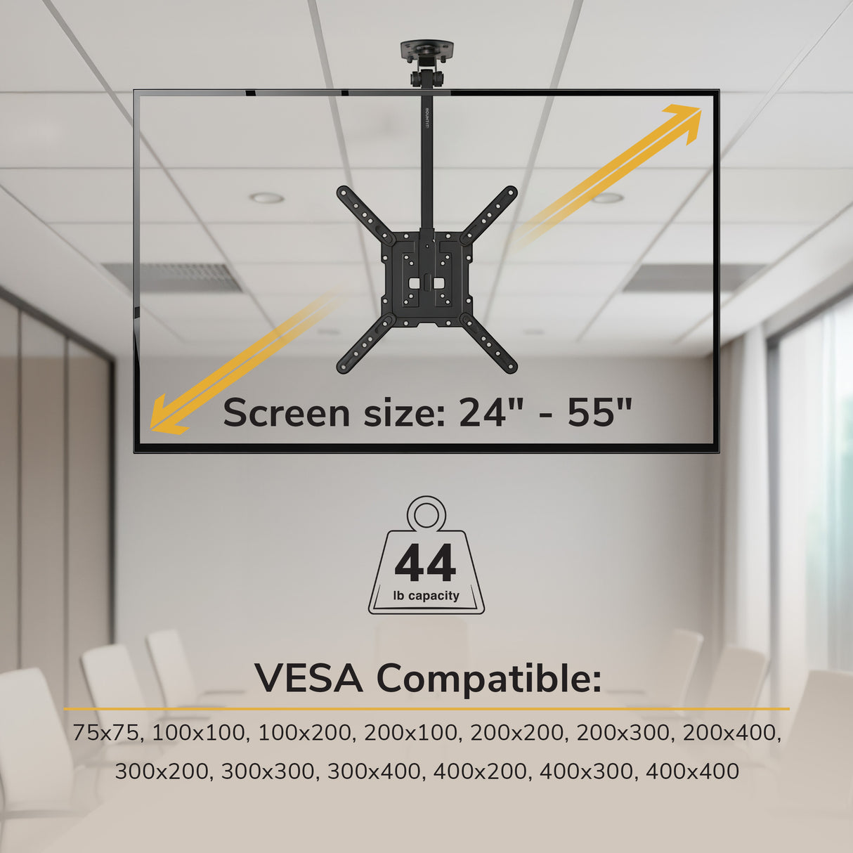 The Mount-It! Flip-Down Ceiling TV Mount in a modern conference room holds 24–55 inch screens up to 44 lbs, and fits VESA patterns from 75x75 to 400x400 for space-saving installation.