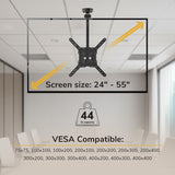 The Mount-It! Flip-Down Ceiling TV Mount in a modern conference room holds 24–55 inch screens up to 44 lbs, and fits VESA patterns from 75x75 to 400x400 for space-saving installation.