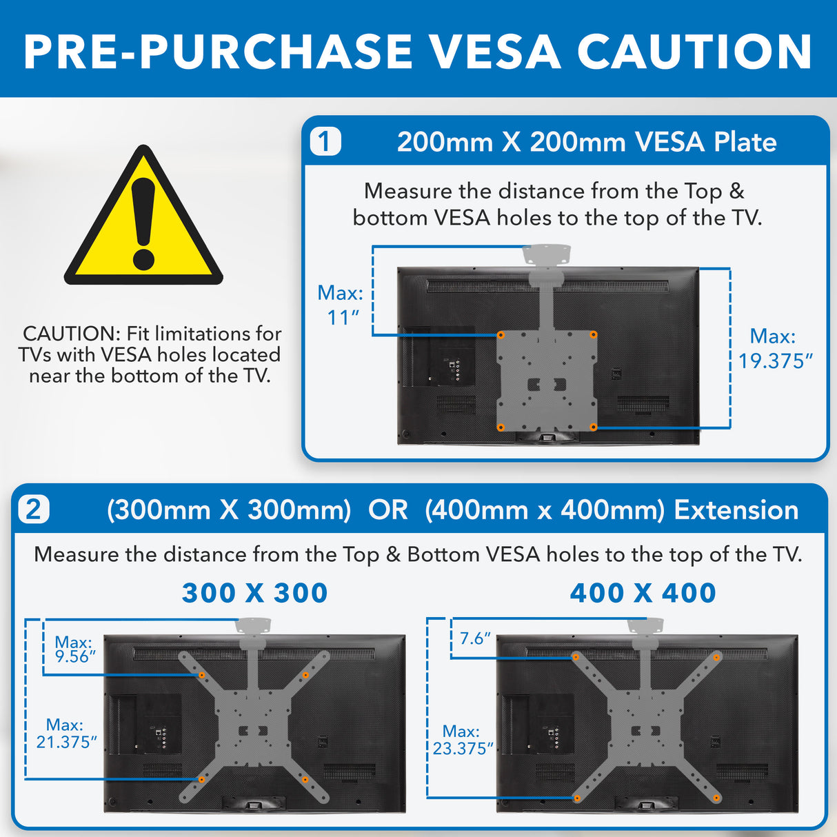 Instructional graphic for Mount-It! Flip-Down Ceiling TV Mount: one image shows a 200x200mm plate, others show 300x300mm and 400x400mm extensions with highlighted VESA measurements and a caution note for proper compatibility.