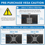 Instructional graphic by Mount-It! shows how to measure VESA mounting holes (200x200mm, 300x300mm, 400x400mm) on your TV for the Flip-Down Ceiling TV Mount. Highlights correct measurement and cautions about low-positioned VESA holes.